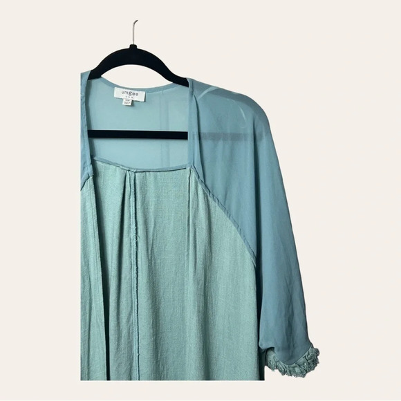 1182. Umgee LINEN BLEND KIMONO SHORT SLEEVES FRAY HEMS SIZE SMALL/MEDIUM GREEN - Picture 6 of 13